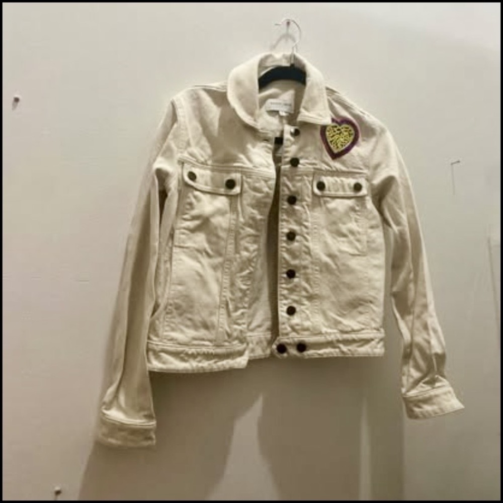 Maison Labiche Anthropologie Cream Denim Jacket XS Leopard Heart Rebel